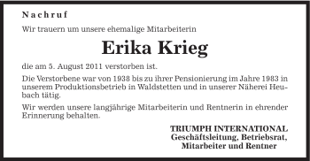 Traueranzeige von Erika Krieg von Gmünder Tagespost