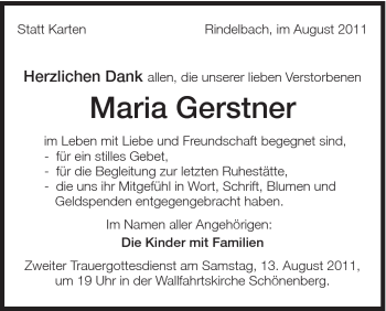 Traueranzeige von Maria Gerstner von Schwäbische Post