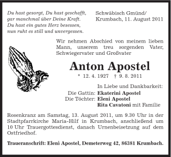 Traueranzeige von Anton Apostel von Gmünder Tagespost