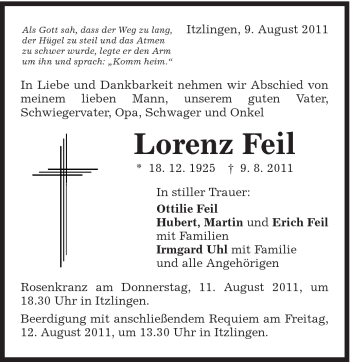 Traueranzeige von Lorenz Feil von Schwäbische Post
