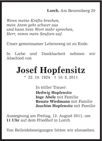 Traueranzeige von Josef Hopfensitz von Gmünder Tagespost