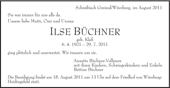 Traueranzeige von Ilse Büchner von Gmünder Tagespost