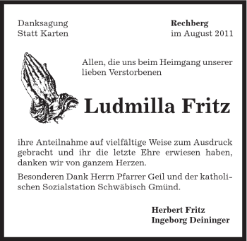 Traueranzeige von Ludmilla Fritz von Gmünder Tagespost