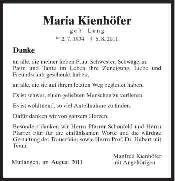 Traueranzeige von Maria Kienhöfer von Gmünder Tagespost