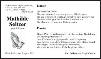 Traueranzeige von Mathilde Seitzer von Gmünder Tagespost