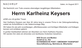 Traueranzeige von Karlheinz Keysers von Schwäbische Post
