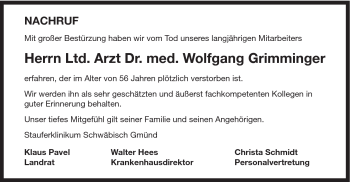 Traueranzeige von Wolfgang Grimminger von Gmünder Tagespost