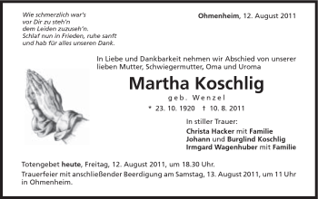 Traueranzeige von Martha Koschlig von Schwäbische Post