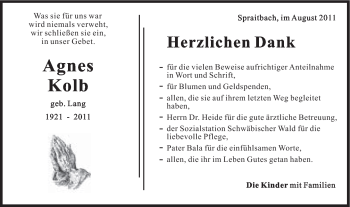 Traueranzeige von Agnes Kolb von Gmünder Tagespost