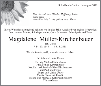 Traueranzeige von Magdalena Müller-Kirchenbauer von Gmünder Tagespost