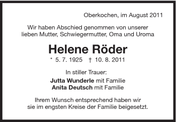 Traueranzeige von Helene Röder von Schwäbische Post