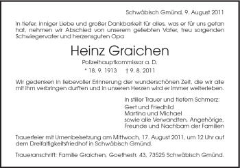 Traueranzeige von Heinz Graichen von Gmünder Tagespost