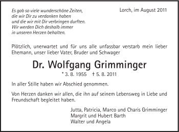 Traueranzeige von Wolfgang Grimminger von Gmünder Tagespost