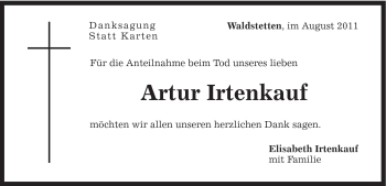 Traueranzeige von Artur Irtenkauf von Gmünder Tagespost
