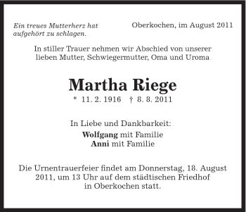 Traueranzeige von Martha Riege von Schwäbische Post