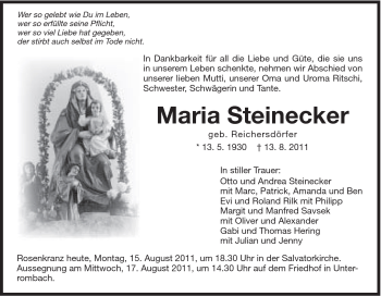 Traueranzeige von Maria Steinecker von Schwäbische Post