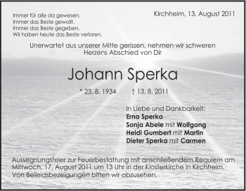 Traueranzeige von Johann Sperka von Schwäbische Post