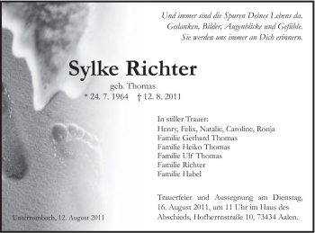 Traueranzeige von Sylke Richter von Schwäbische Post