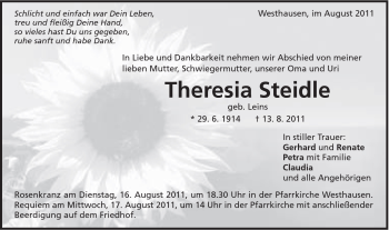 Traueranzeige von Theresia Steidle von Schwäbische Post