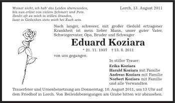 Traueranzeige von Eduard Koziara von Gmünder Tagespost