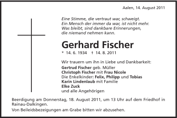 Traueranzeige von Gerhard Fischer von Schwäbische Post