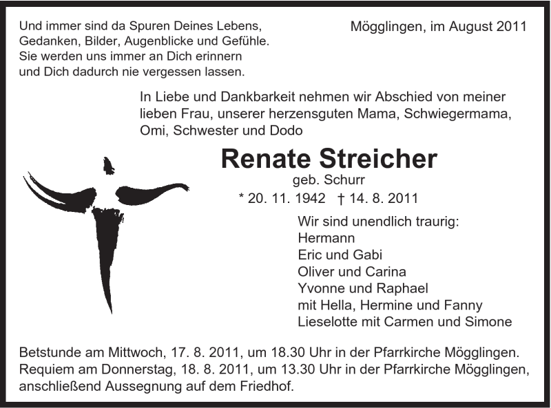  Traueranzeige für Renate Streicher vom 16.08.2011 aus Gmünder Tagespost