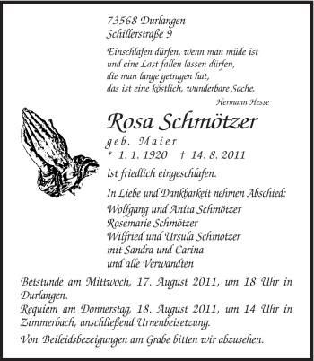 Traueranzeige von Rosa Schmötzer von Gmünder Tagespost
