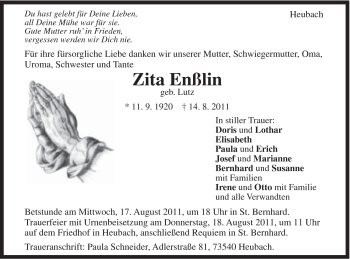 Traueranzeige von Zita Enßlin von Gmünder Tagespost