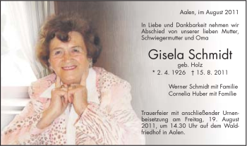 Traueranzeige von Gisela Schmidt von Schwäbische Post