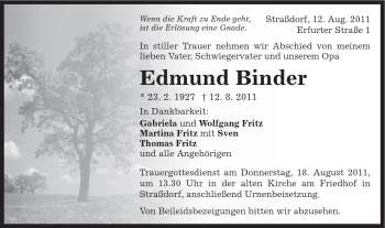 Traueranzeige von Edmund Binder von Gmünder Tagespost