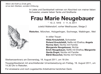 Traueranzeige von Marie Neugebauer von Schwäbische Post