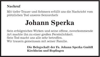 Traueranzeige von Johann Sperka von Schwäbische Post