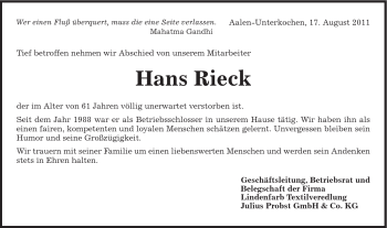 Traueranzeige von Hans Rieck von Schwäbische Post