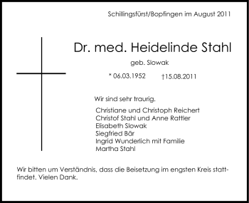 Traueranzeige von Dr. med. Heidelinde Stahl von Schwäbische Post