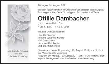 Traueranzeige von Ottilie Dambacher von Schwäbische Post