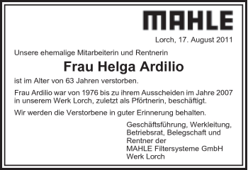 Traueranzeige von Helga Ardilio von Gmünder Tagespost