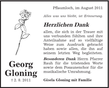 Traueranzeige von Georg Gloning von Schwäbische Post
