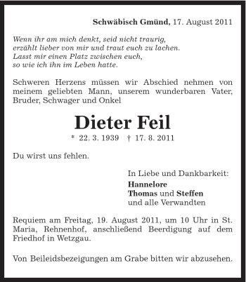 Traueranzeige von Dieter Feil von Gmünder Tagespost