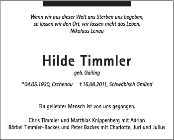 Traueranzeige von Hilde Timmler von Gmünder Tagespost