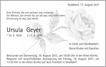 Traueranzeige von Ursula Geyer von Gmünder Tagespost