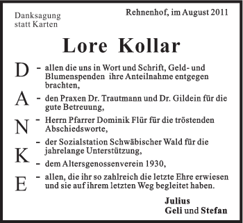 Traueranzeige von Lore Kollar von Gmünder Tagespost