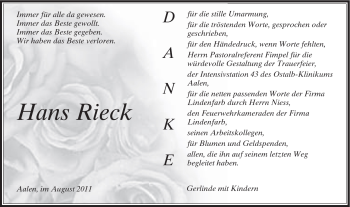 Traueranzeige von Hans Rieck von Schwäbische Post