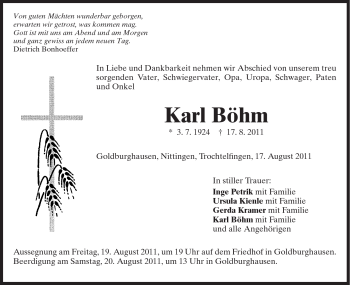 Traueranzeige von Karl Böhm von Schwäbische Post