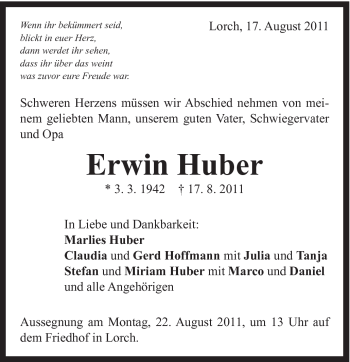 Traueranzeige von Erwin Huber von Gmünder Tagespost