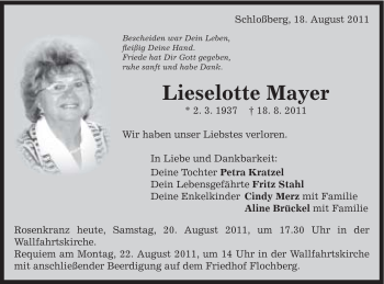 Traueranzeige von Lieselotte Mayer von Schwäbische Post