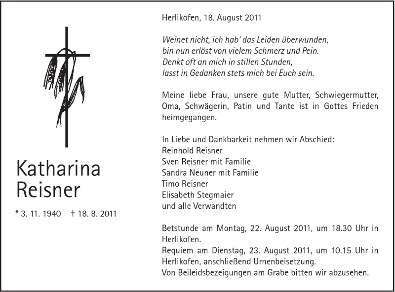  Traueranzeige für Katharina Reisner vom 20.08.2011 aus Gmünder Tagespost