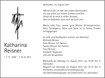 Traueranzeige von Katharina Reisner von Gmünder Tagespost