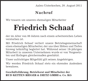 Traueranzeige von Friedrich Schaaf von Schwäbische Post