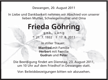 Traueranzeige von Frieda Göhring von Schwäbische Post