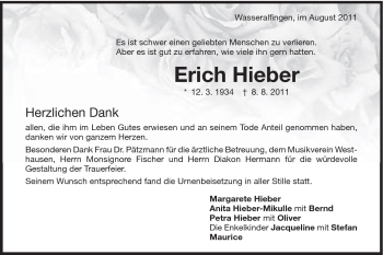 Traueranzeige von Erich Hieber von Schwäbische Post